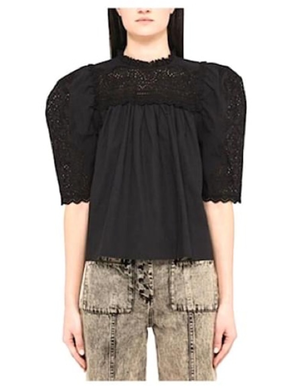 Ulla Johnson Yvonne Embroidered Black Yoke Puff Sleeve Blouse Size 8